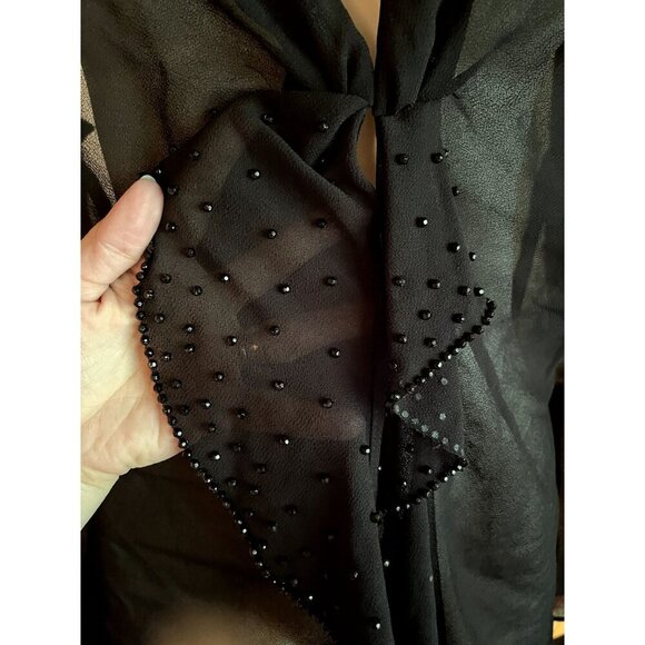 Elegant Vintage 90s Sheer Black Cocktail Jacket Beaded Ruffle Front Long Sleeve - Picture 2 of 8